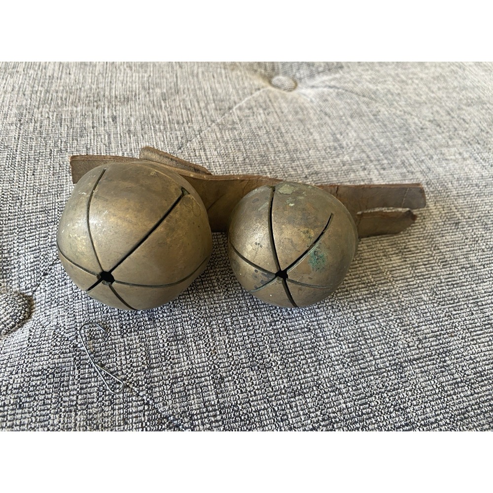 2 Antique Large Brass Swedish Style Sleigh Bells on Leather Strap Fragment